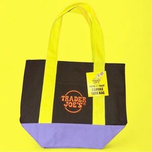 Halloween Trader Joe's Black Canvas Tote with Neon Green Straps and Lavender